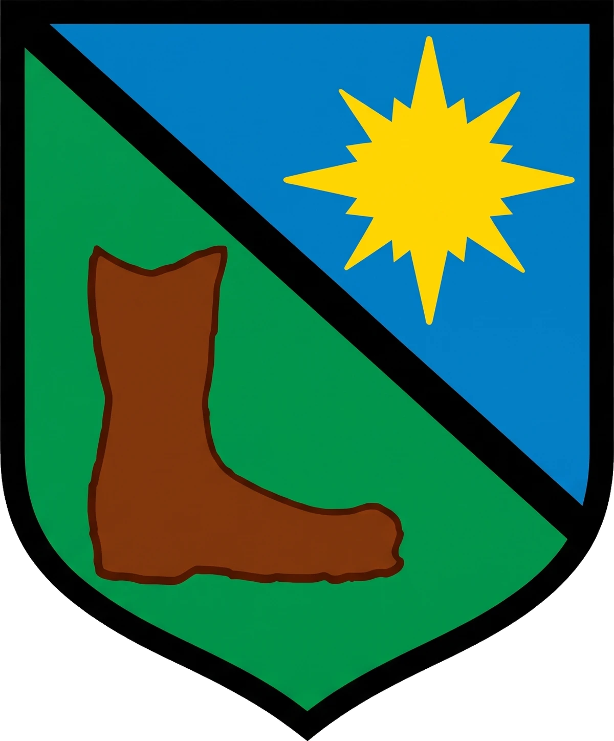 The Clan MacScott crest: a shield divided diagonally, with the golden sun of Clan Carr on blue above and the brown boot of Clan McAuley on green below